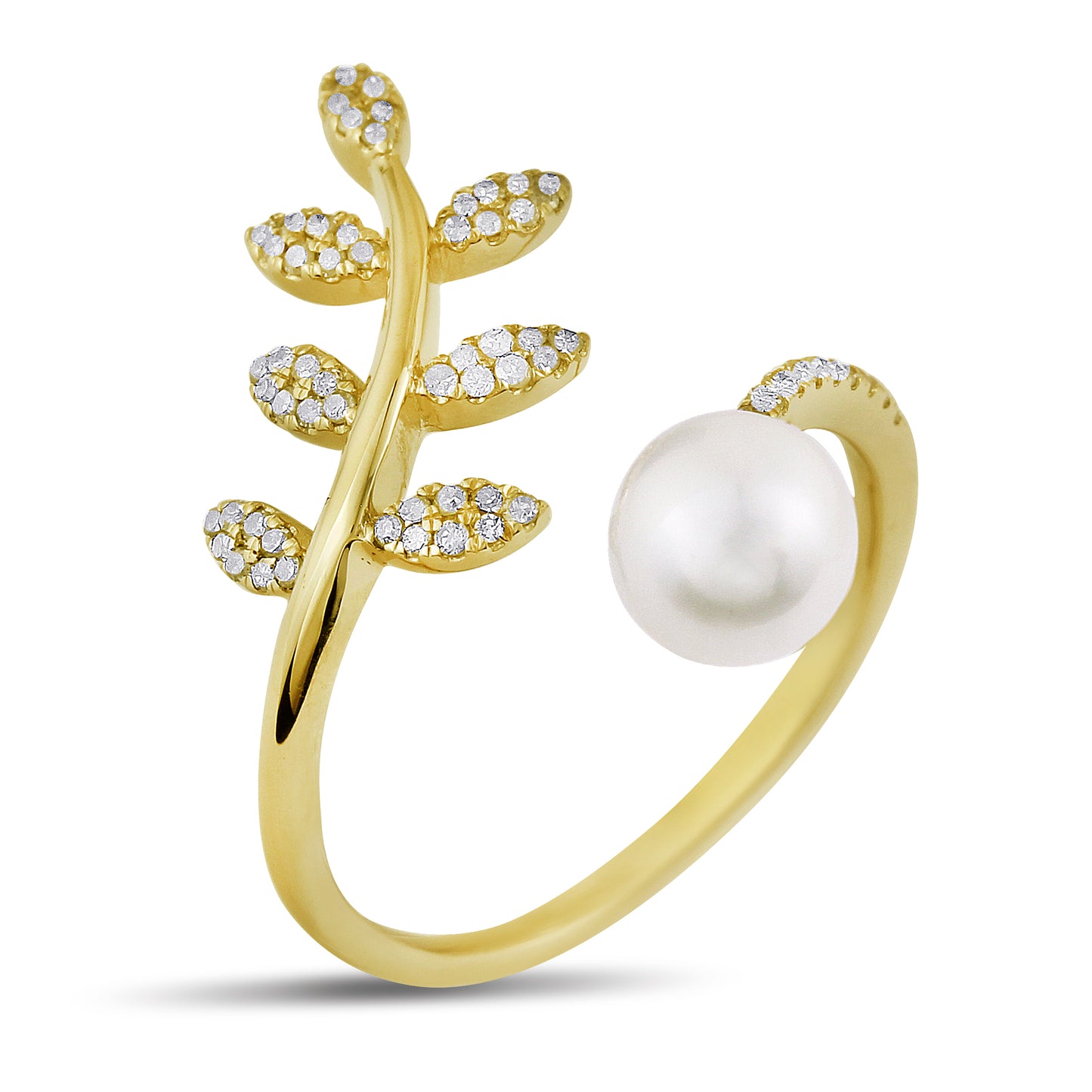 Belantina 1/5 Carat Natural Diamond and Freshwater Pearl Open Leaf Ring 14K White or Yellow Gold