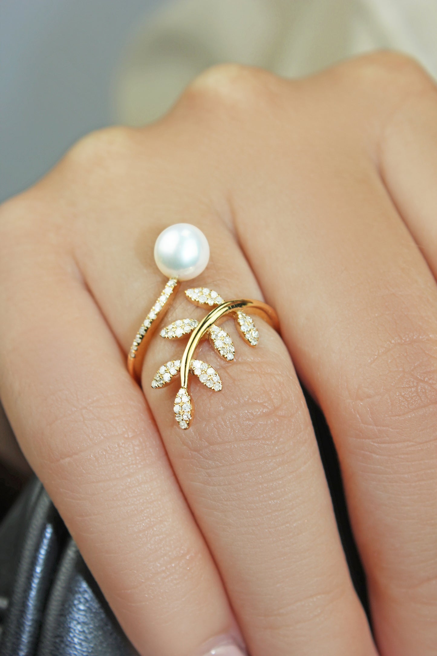 Belantina 1/5 Carat Natural Diamond and Freshwater Pearl Open Leaf Ring 14K White or Yellow Gold
