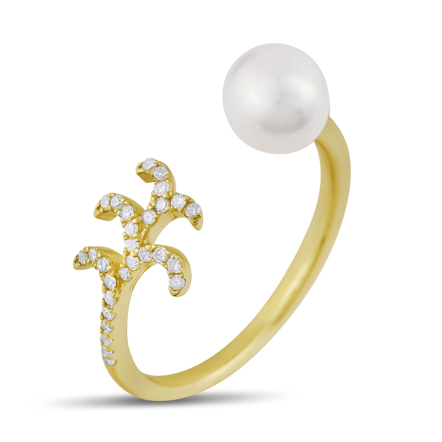 Belantina 1/10 Carat Diamond and Freshwater Pearl Open Leaf Ring In 14K Gold