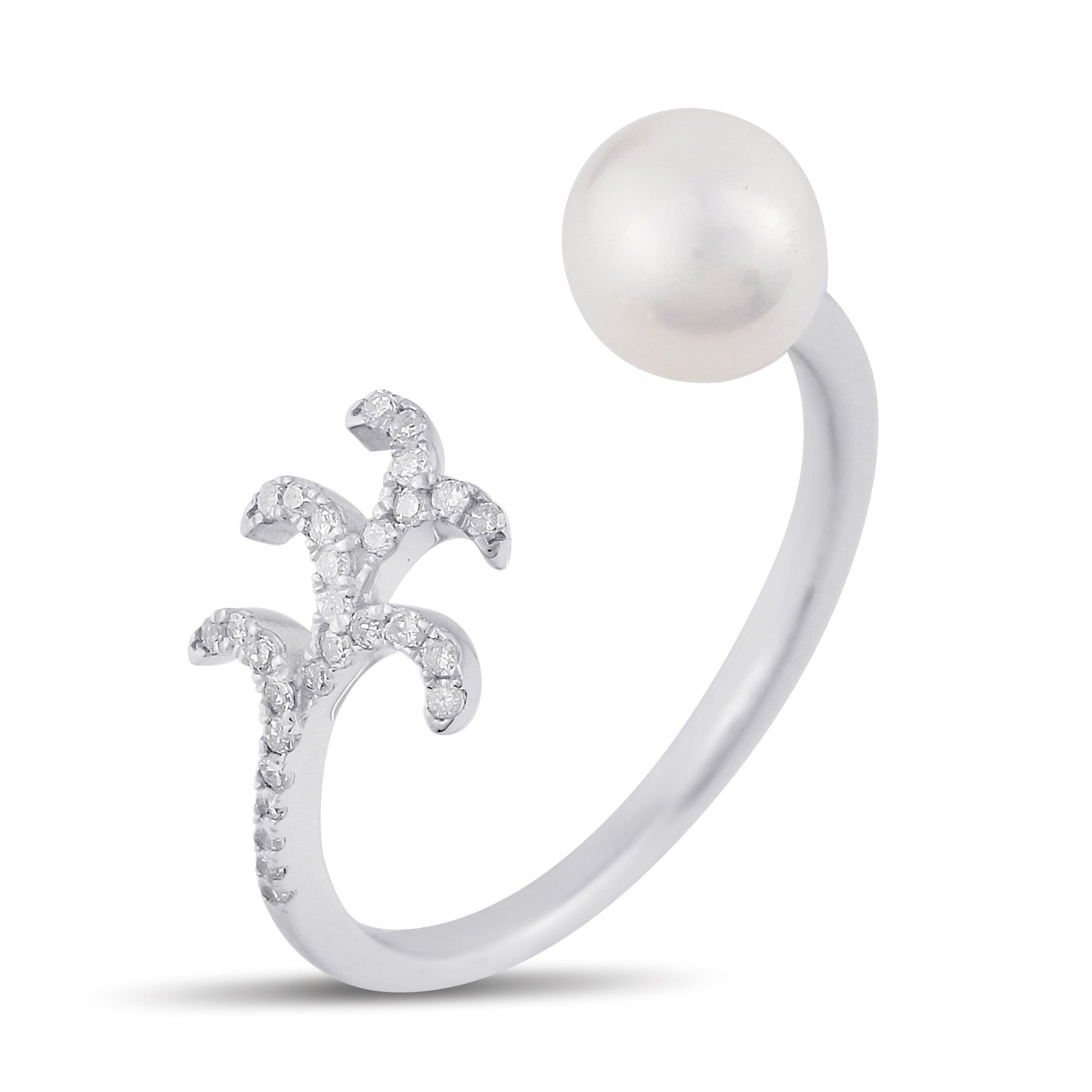 Belantina 1/10 Carat Diamond and Freshwater Pearl Open Leaf Ring In 14K Gold