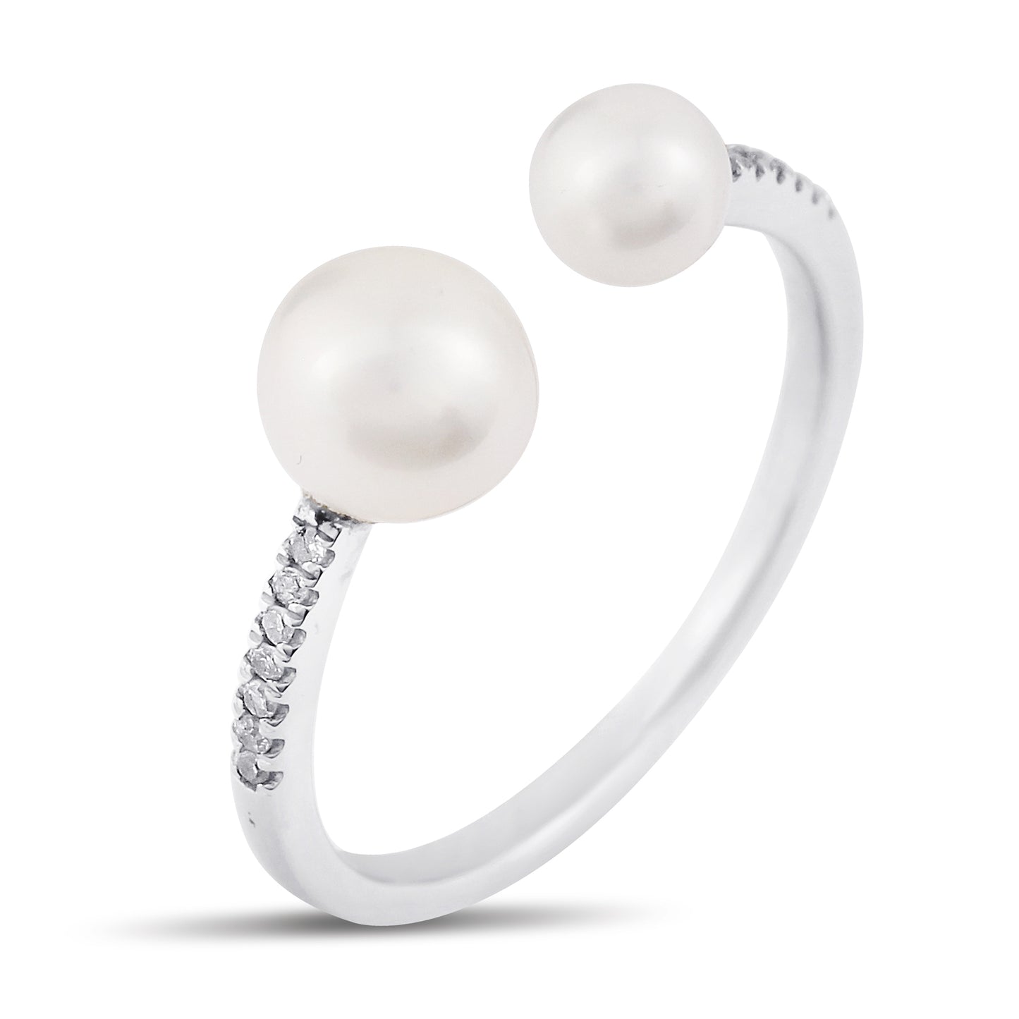 Belantina 1/20 Carat Diamond Double Freshwater Cultured Pearl Open Ring In 14K Solid Gold