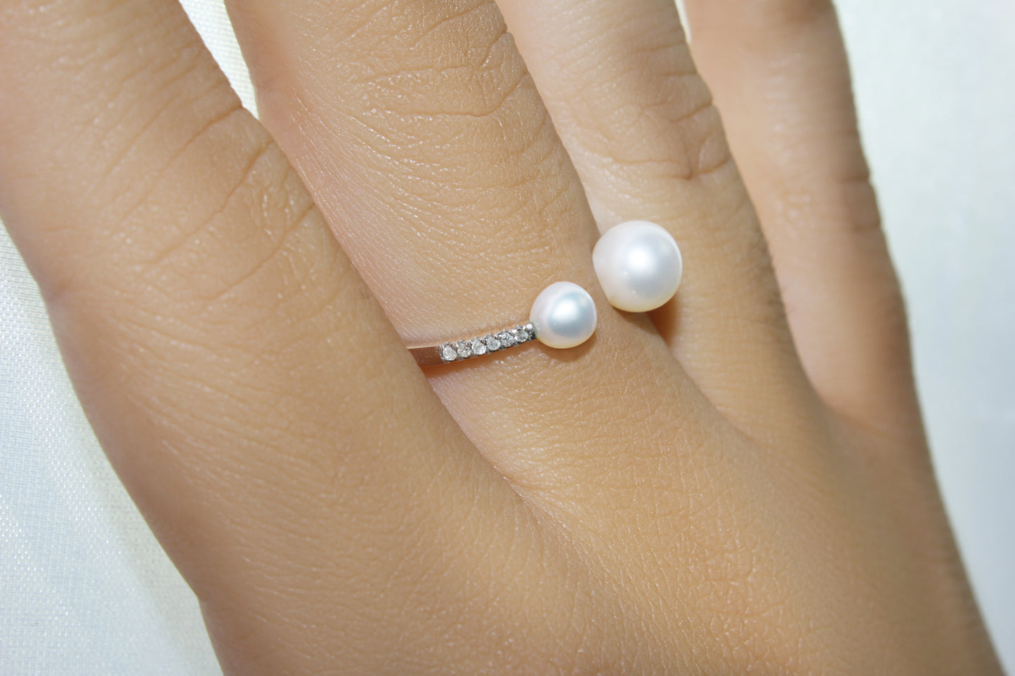 Belantina 1/20 Carat Diamond Double Freshwater Cultured Pearl Open Ring In 14K Solid Gold