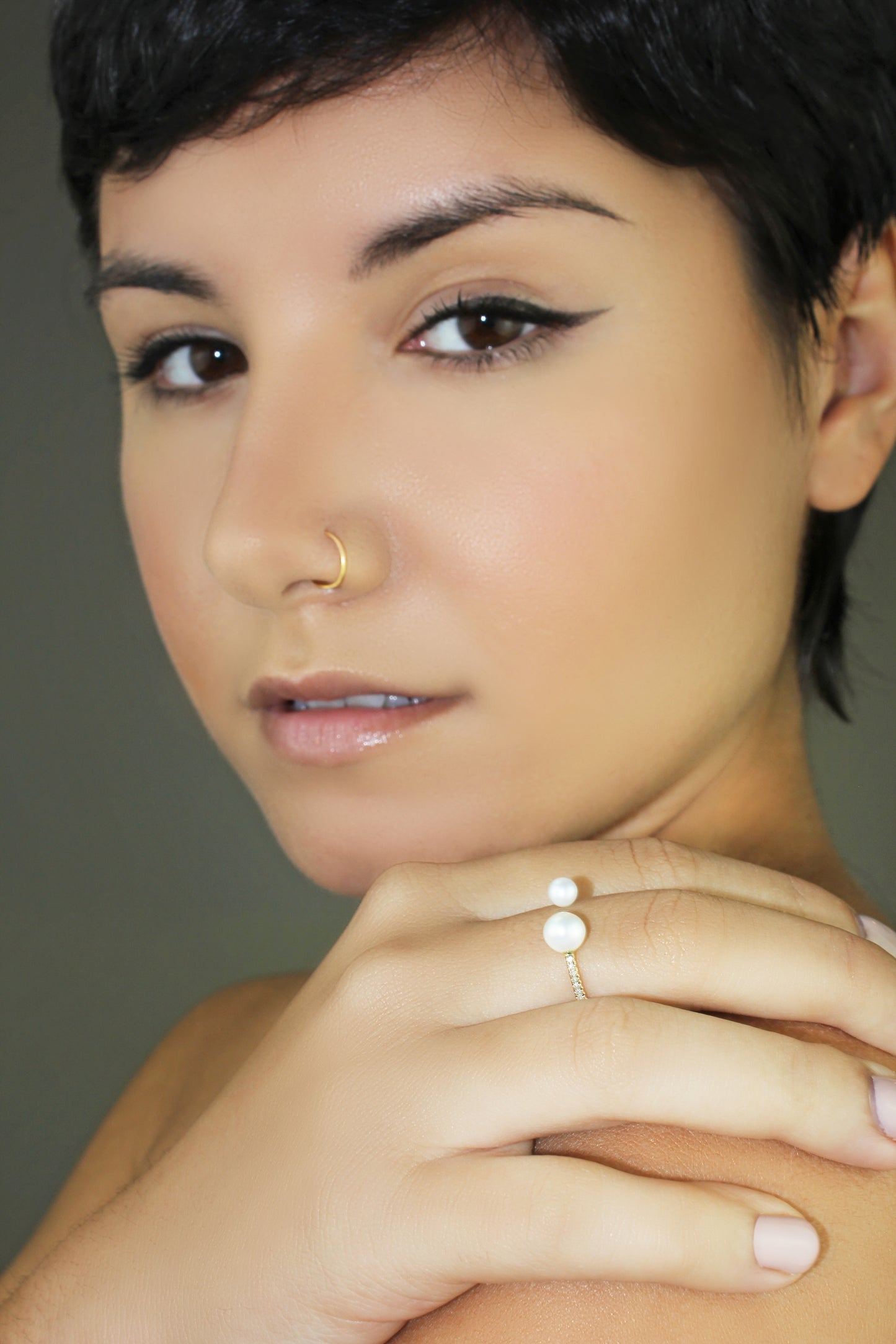 Belantina 1/20 Carat Diamond Double Freshwater Cultured Pearl Open Ring In 14K Solid Gold