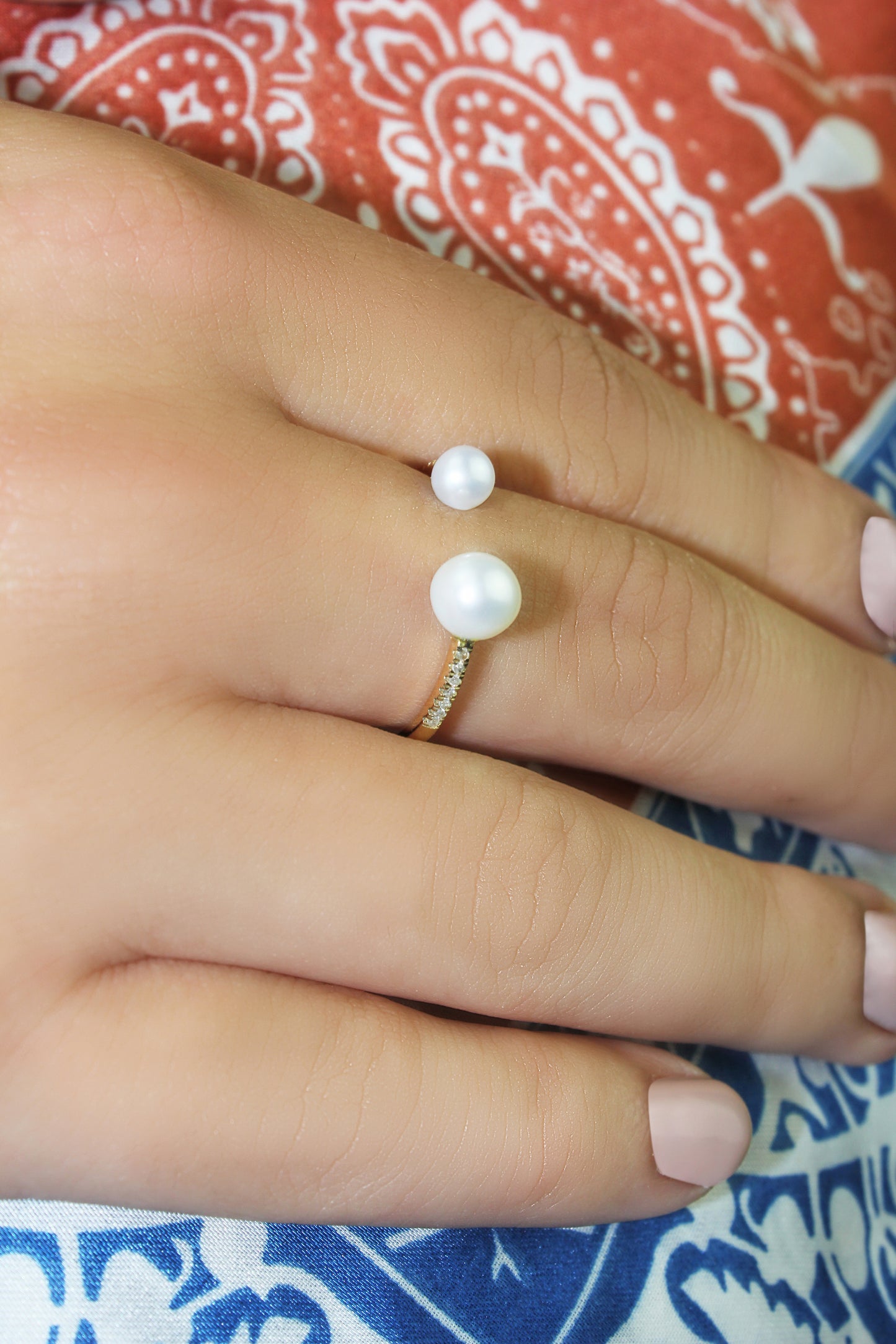 Belantina 1/20 Carat Diamond Double Freshwater Cultured Pearl Open Ring In 14K Solid Gold