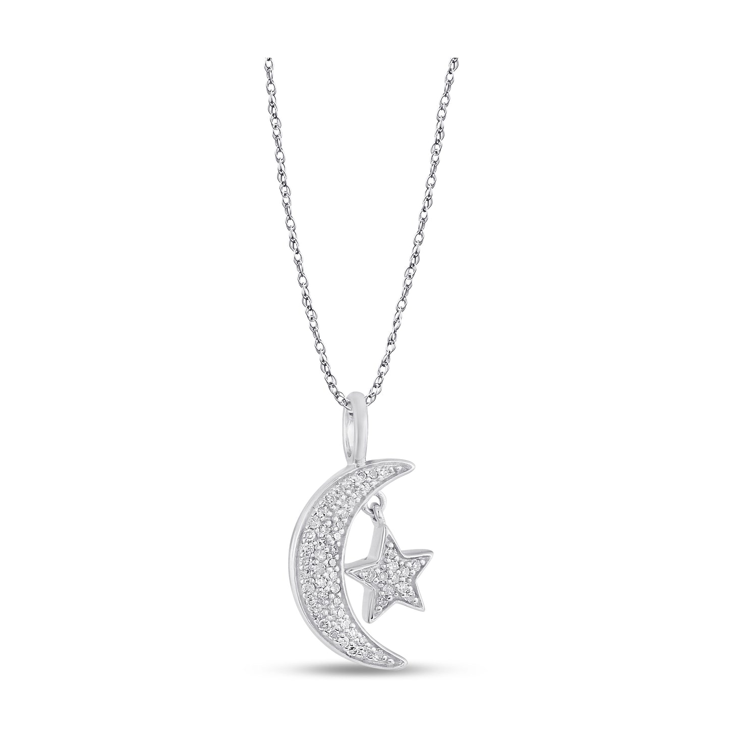 Belantina 1/10 Carat Diamond Half Moon and Star Pendant Necklace for Women in 14k Gold