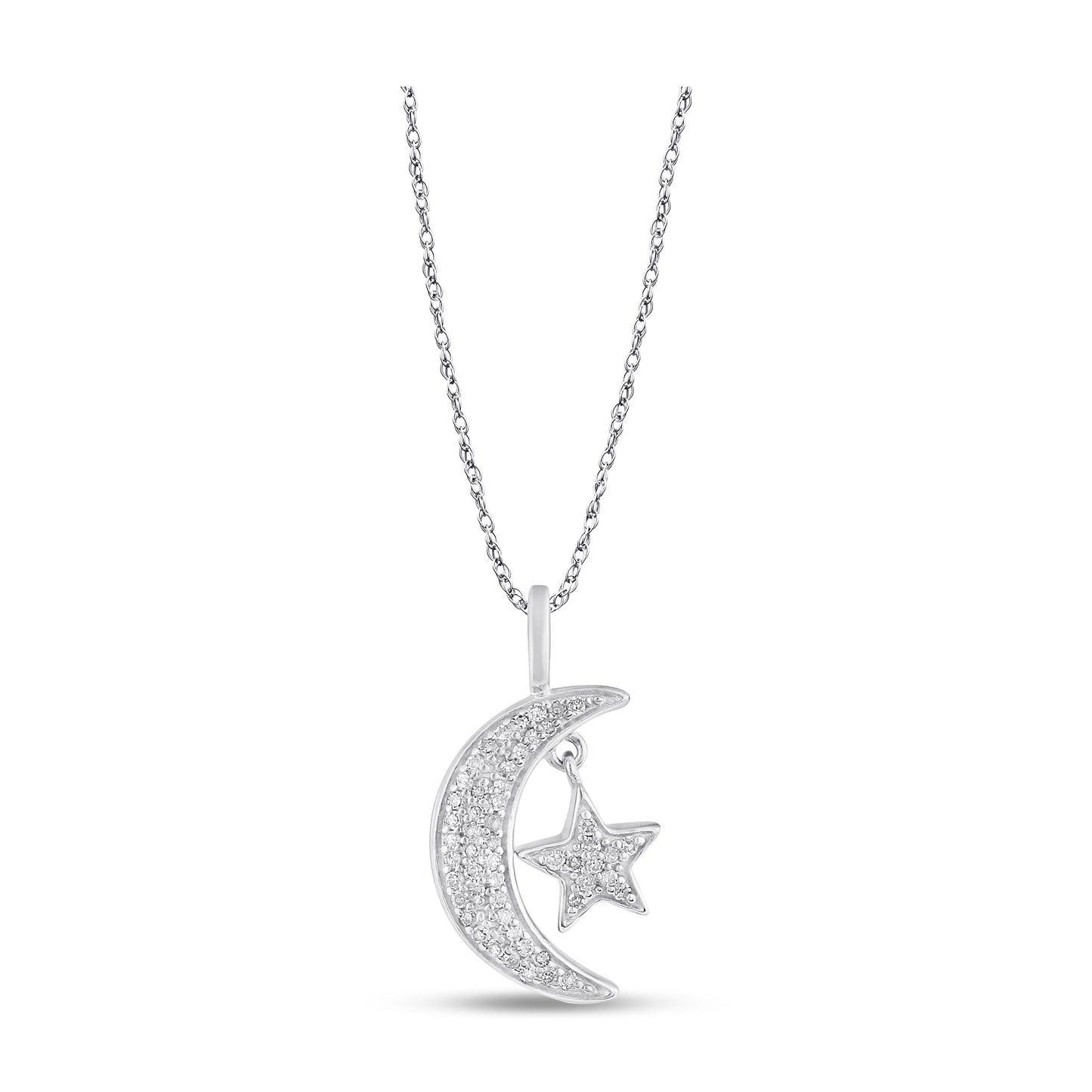 Belantina 1/10 Carat Diamond Half Moon and Star Pendant Necklace for Women in 14k Gold
