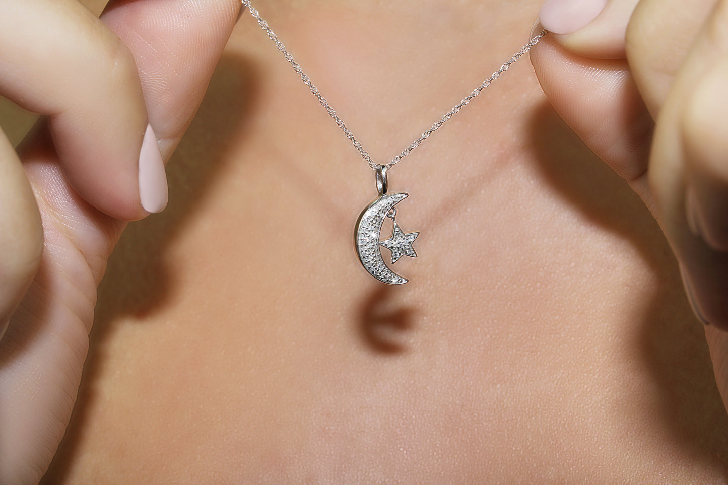 Belantina 1/10 Carat Diamond Half Moon and Star Pendant Necklace for Women in 14k Gold