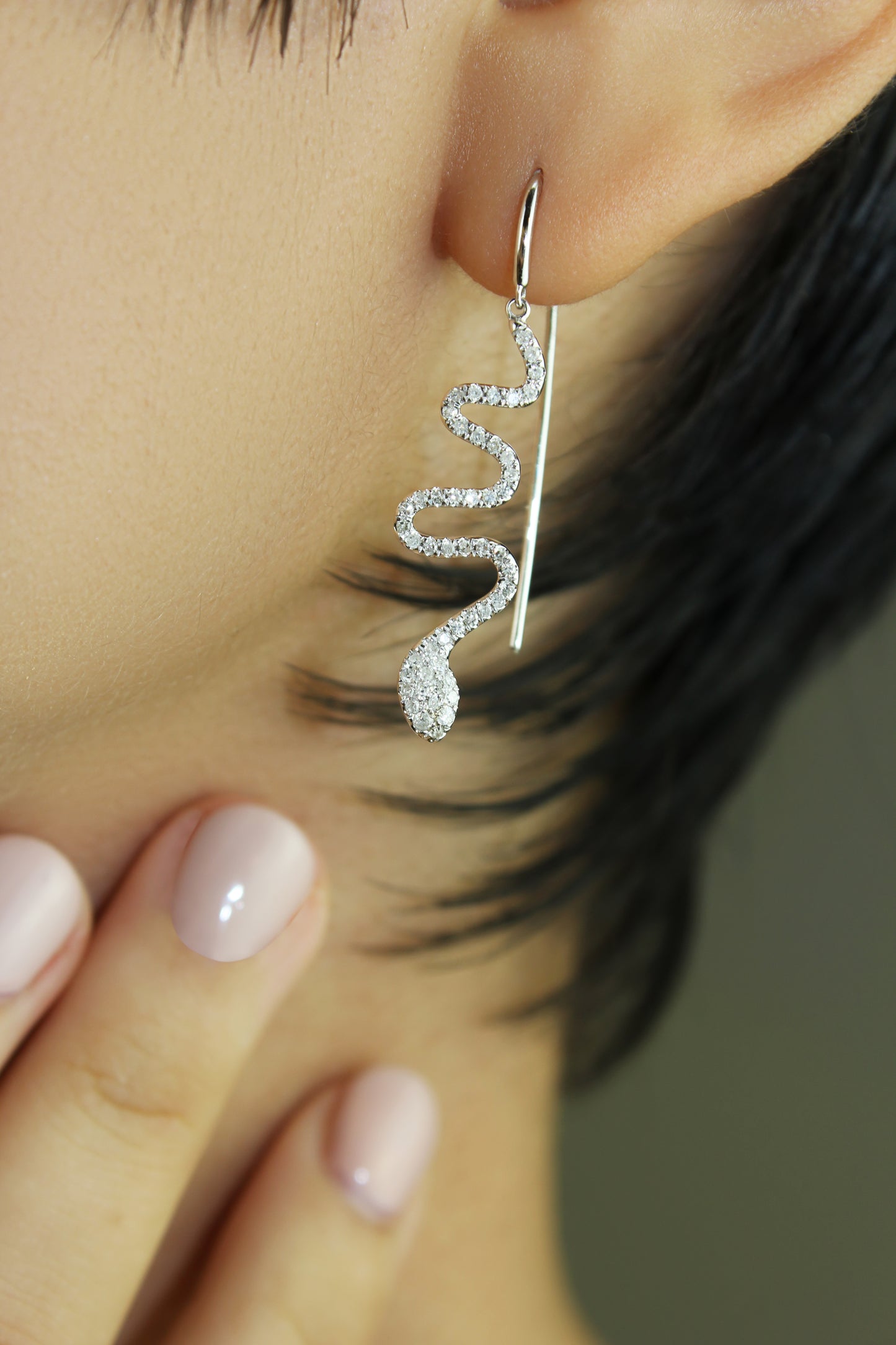 Belantina Natural Diamond Dangle Drop Serpent (Snake) Earrings 14K Gold