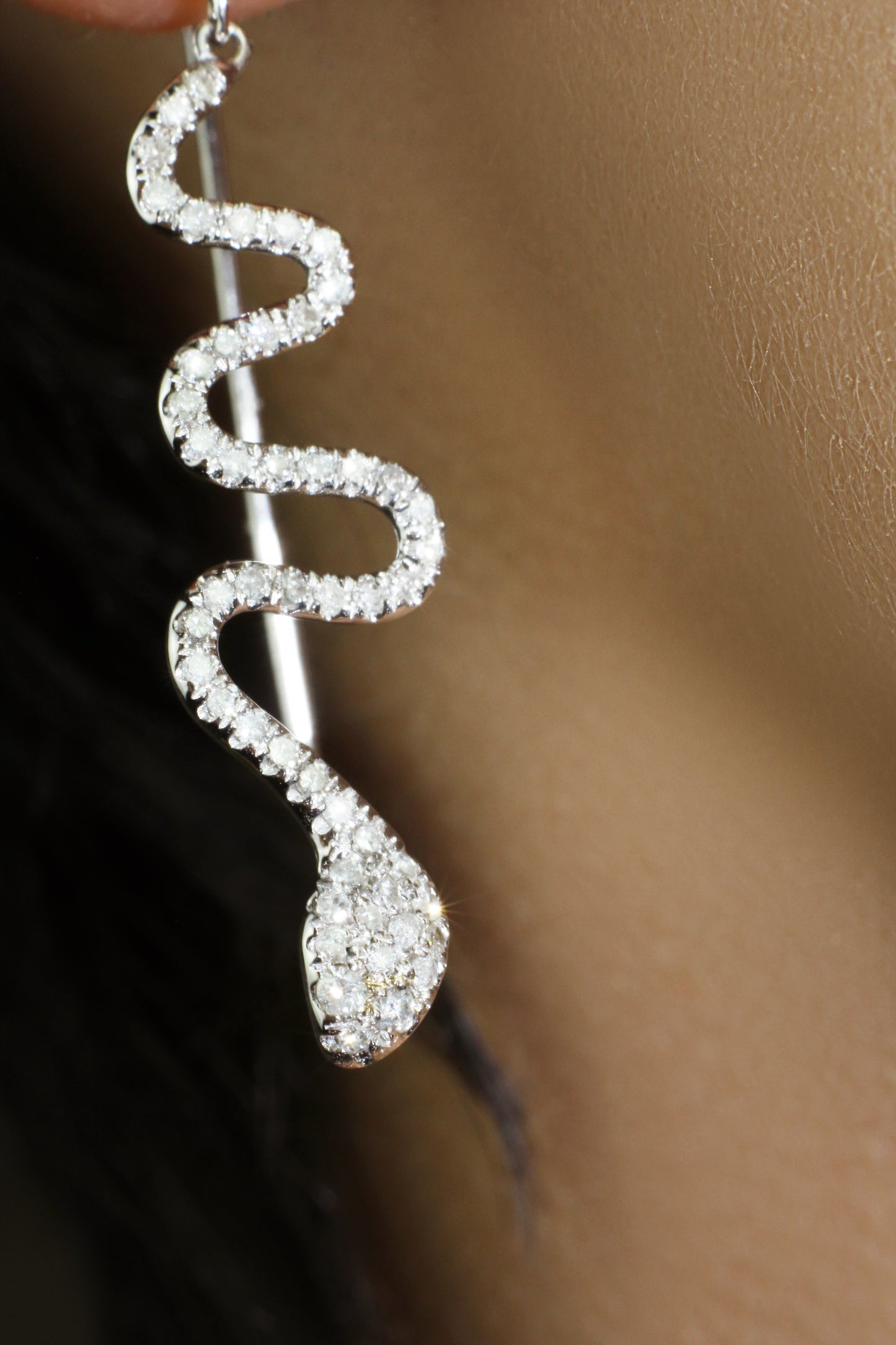 Belantina Natural Diamond Dangle Drop Serpent (Snake) Earrings 14K Gold
