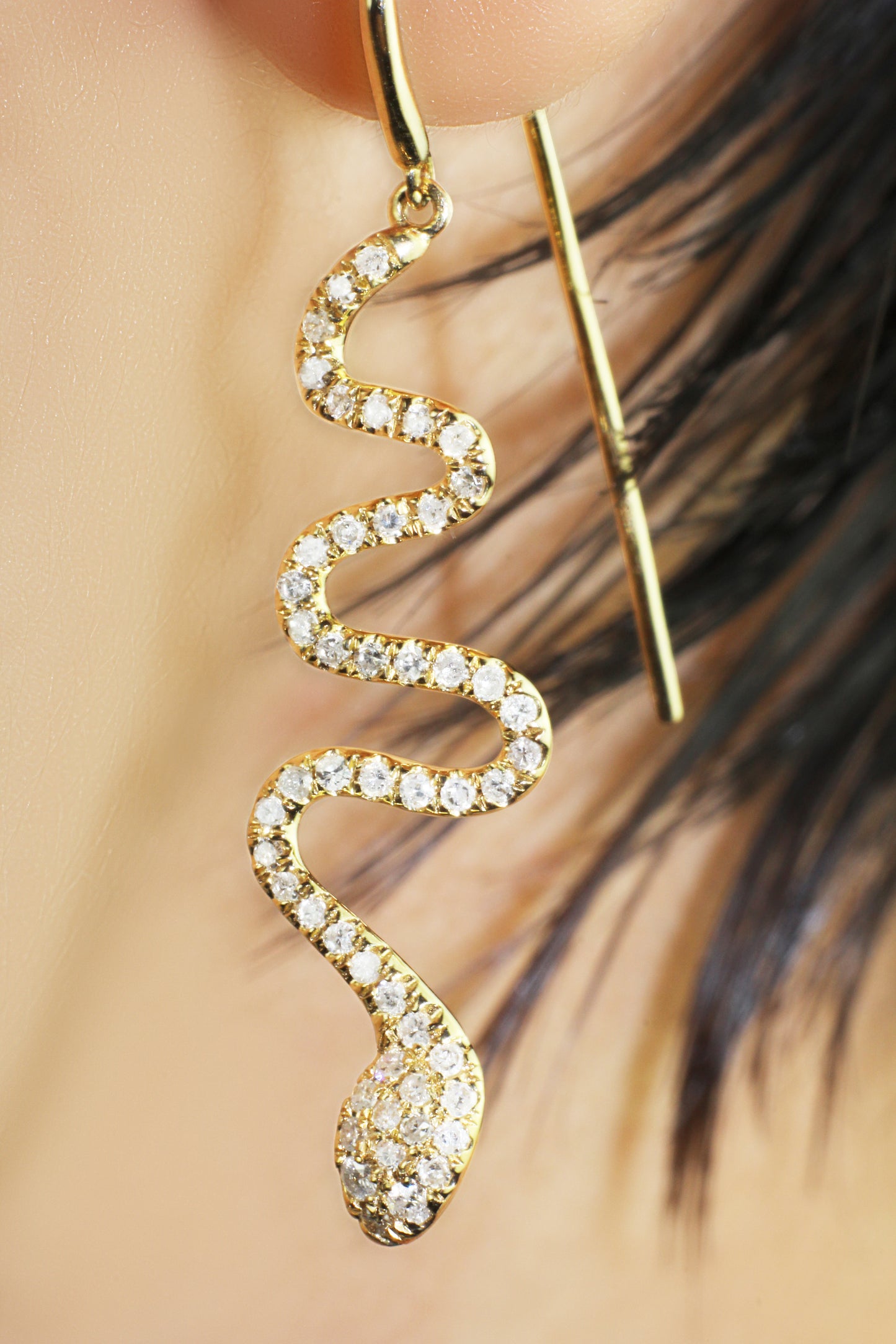 Belantina Natural Diamond Dangle Drop Serpent (Snake) Earrings 14K Gold