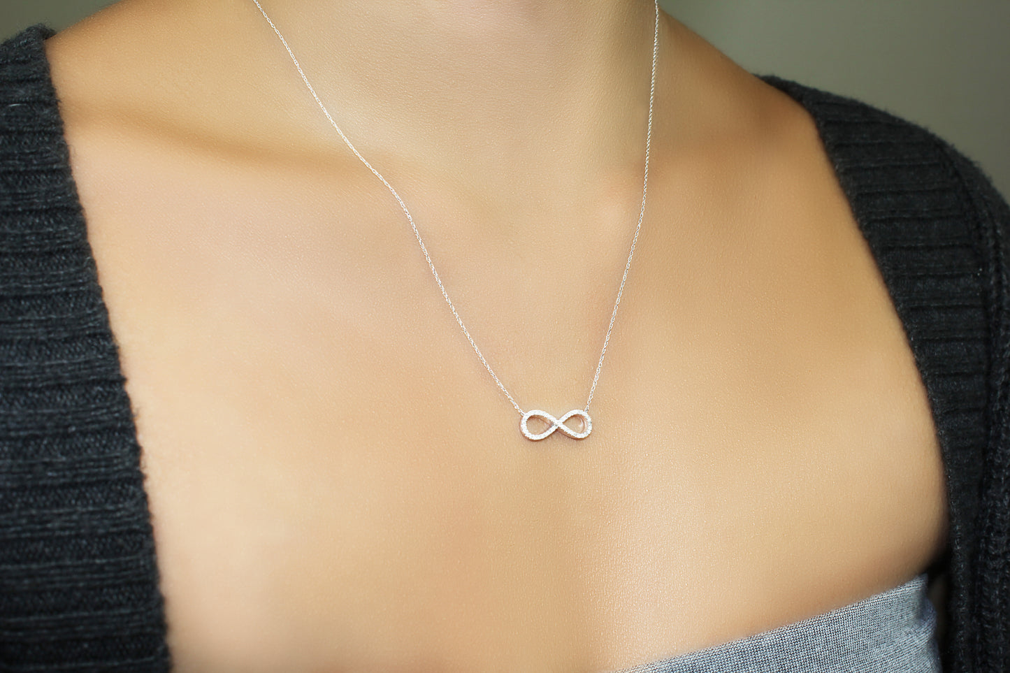 Belantina 1/8 Carat Diamond Infinity Pendant Necklace for Women in 14k White and Yellow Gold on 16 to 18 Inch Adjustable Chain (H-I, I1-I2, cttw) Spring Ring