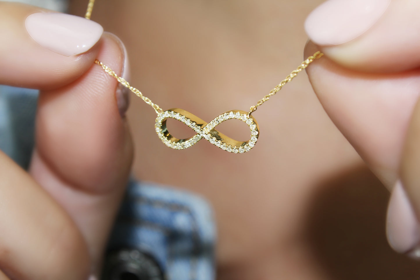 Belantina 1/8 Carat Diamond Infinity Pendant Necklace for Women in 14k White and Yellow Gold on 16 to 18 Inch Adjustable Chain (H-I, I1-I2, cttw) Spring Ring