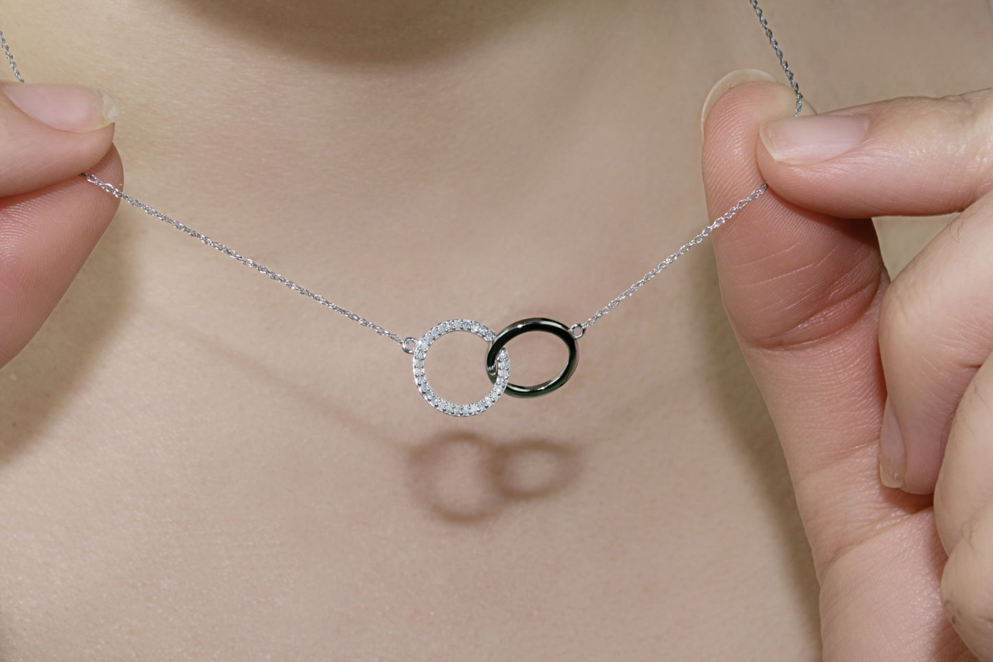 Belantina 1/10 Carat Diamond Interlocking Circles Pendant Necklace for Women in 14k White and Yellow Gold on 18 Inch Chain (H-I, I1-I2, cttw) Spring Ring
