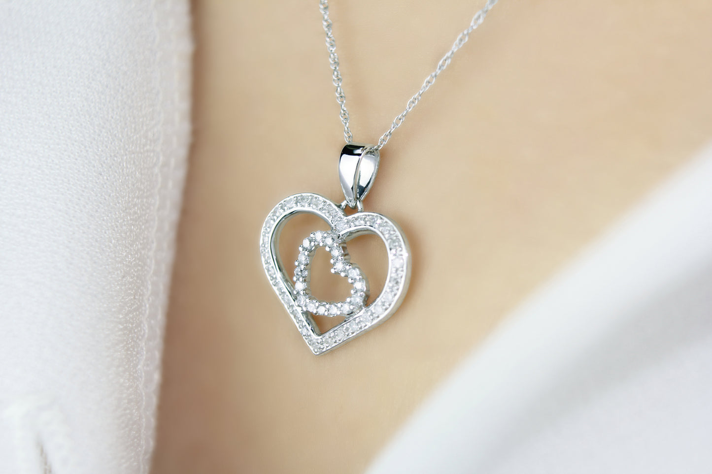 Belantina 1/5 Carat Diamond Double Heart Pendant Necklace for Women in 14k White and Yellow Gold on 18 Inch Chain (H-I, I1-I2, cttw) Spring Ring
