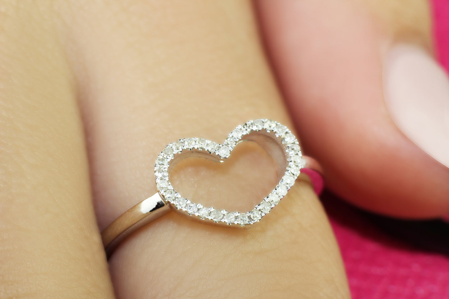 Diamond Open Heart Ring, 14K Solid Gold, 31 Natural Diamonds, 1/10 Carat