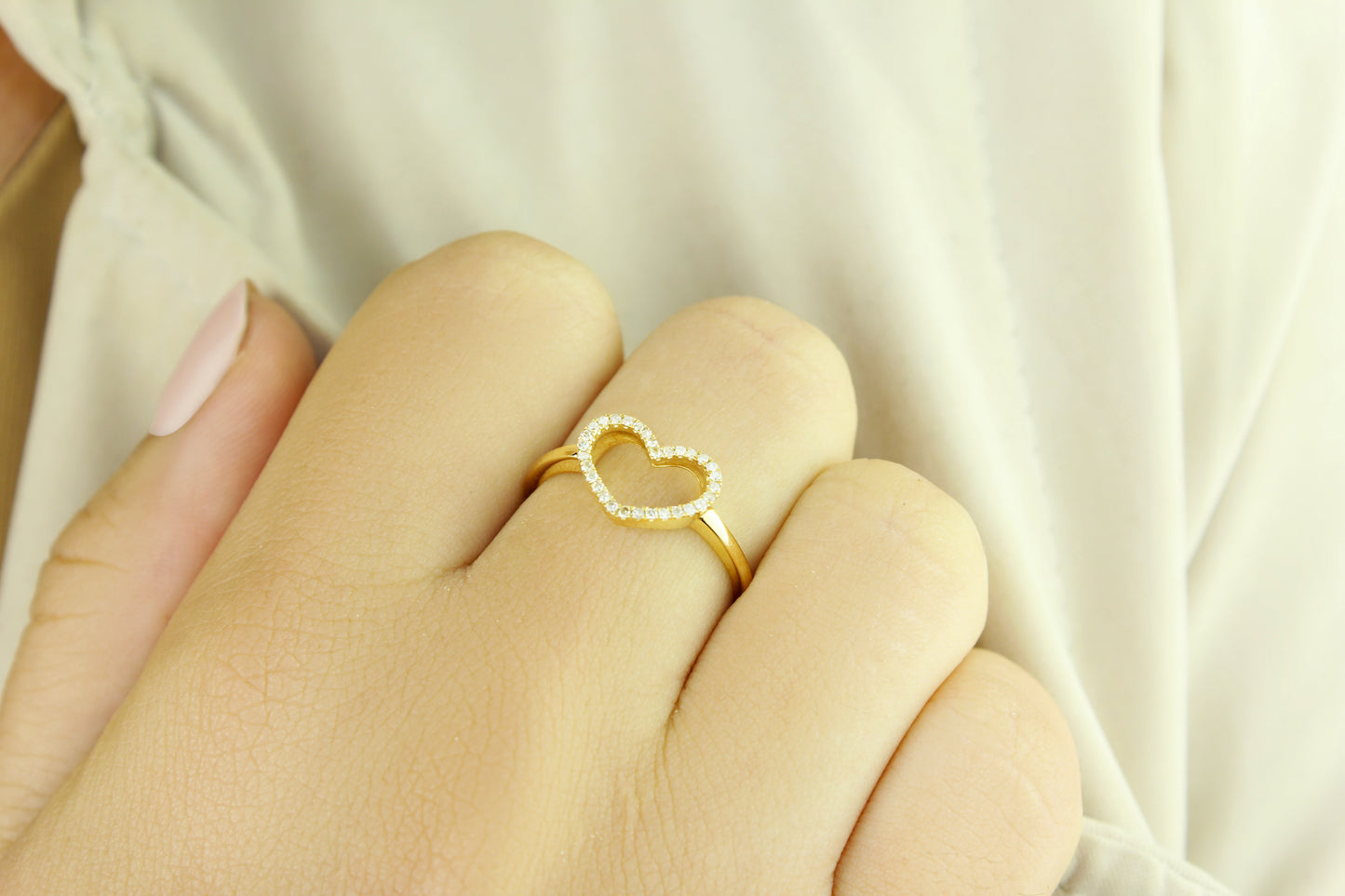 Diamond Open Heart Ring, 14K Solid Gold, 31 Natural Diamonds, 1/10 Carat