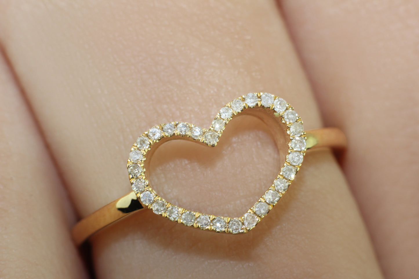 Diamond Open Heart Ring, 14K Solid Gold, 31 Natural Diamonds, 1/10 Carat