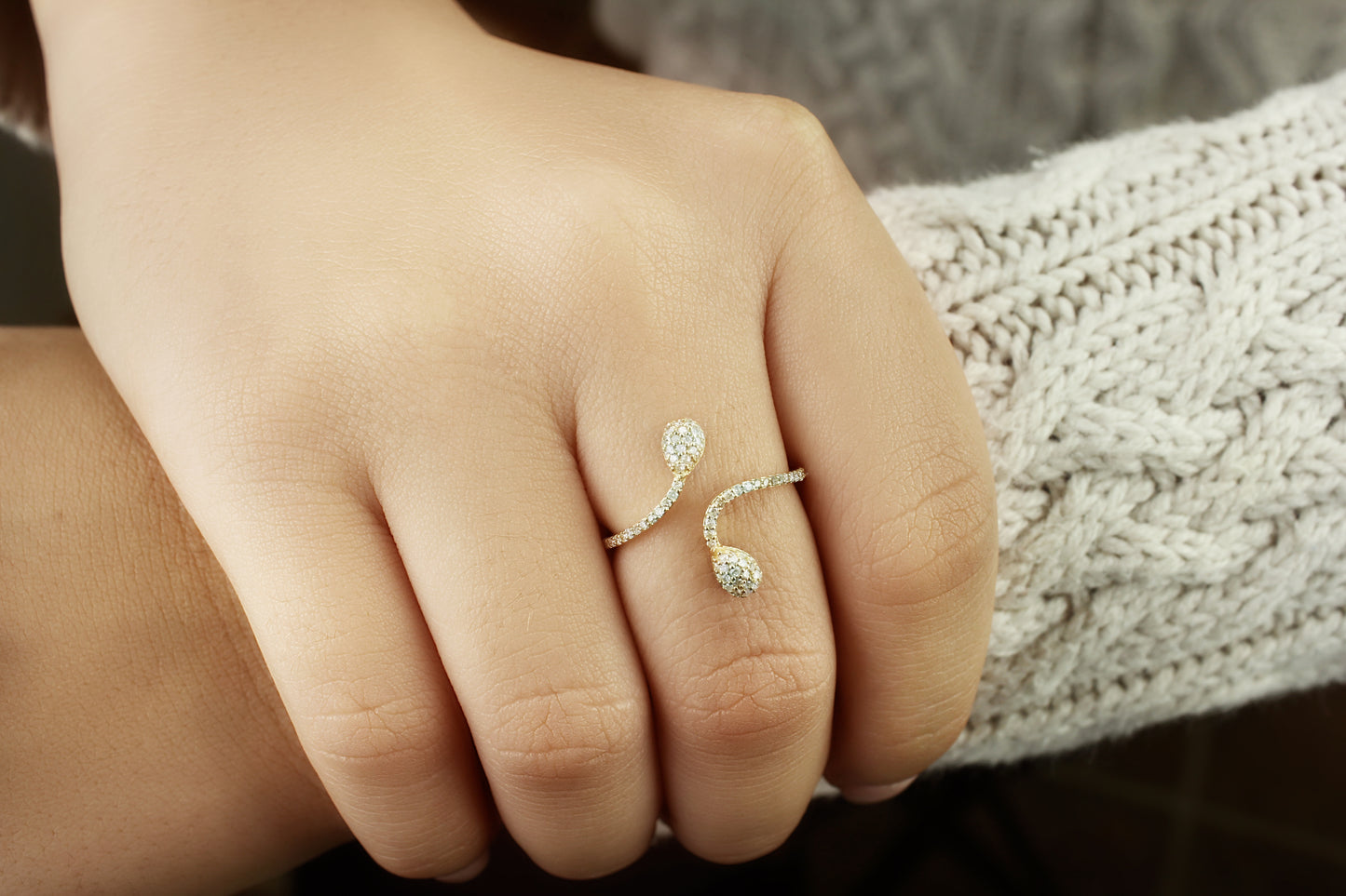 Belantina Serpent Open Bypass Ring 1/4 Carat Natural Diamonds In 14K Solid Gold