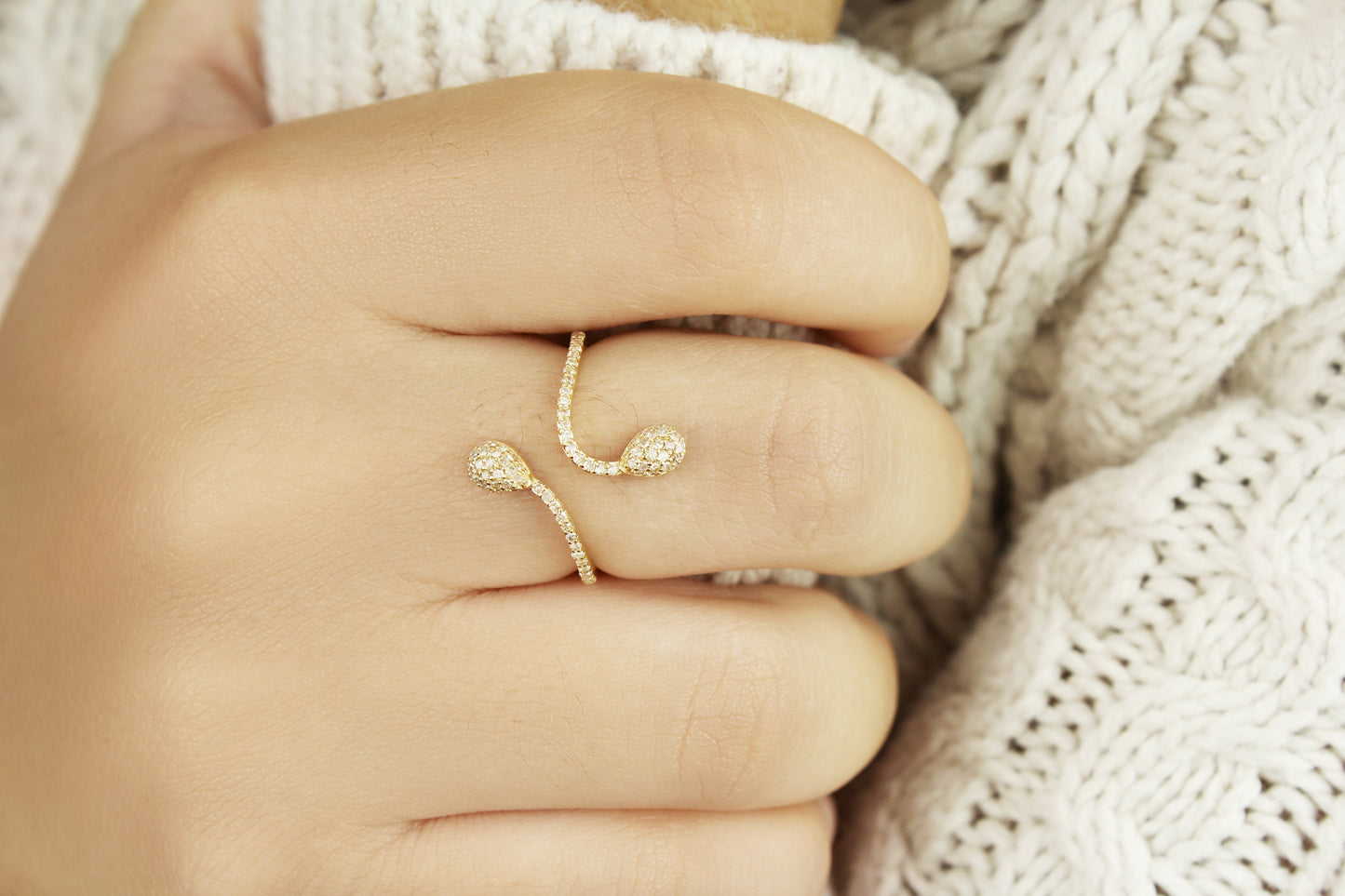 Belantina Serpent Open Bypass Ring 1/4 Carat Natural Diamonds In 14K Solid Gold