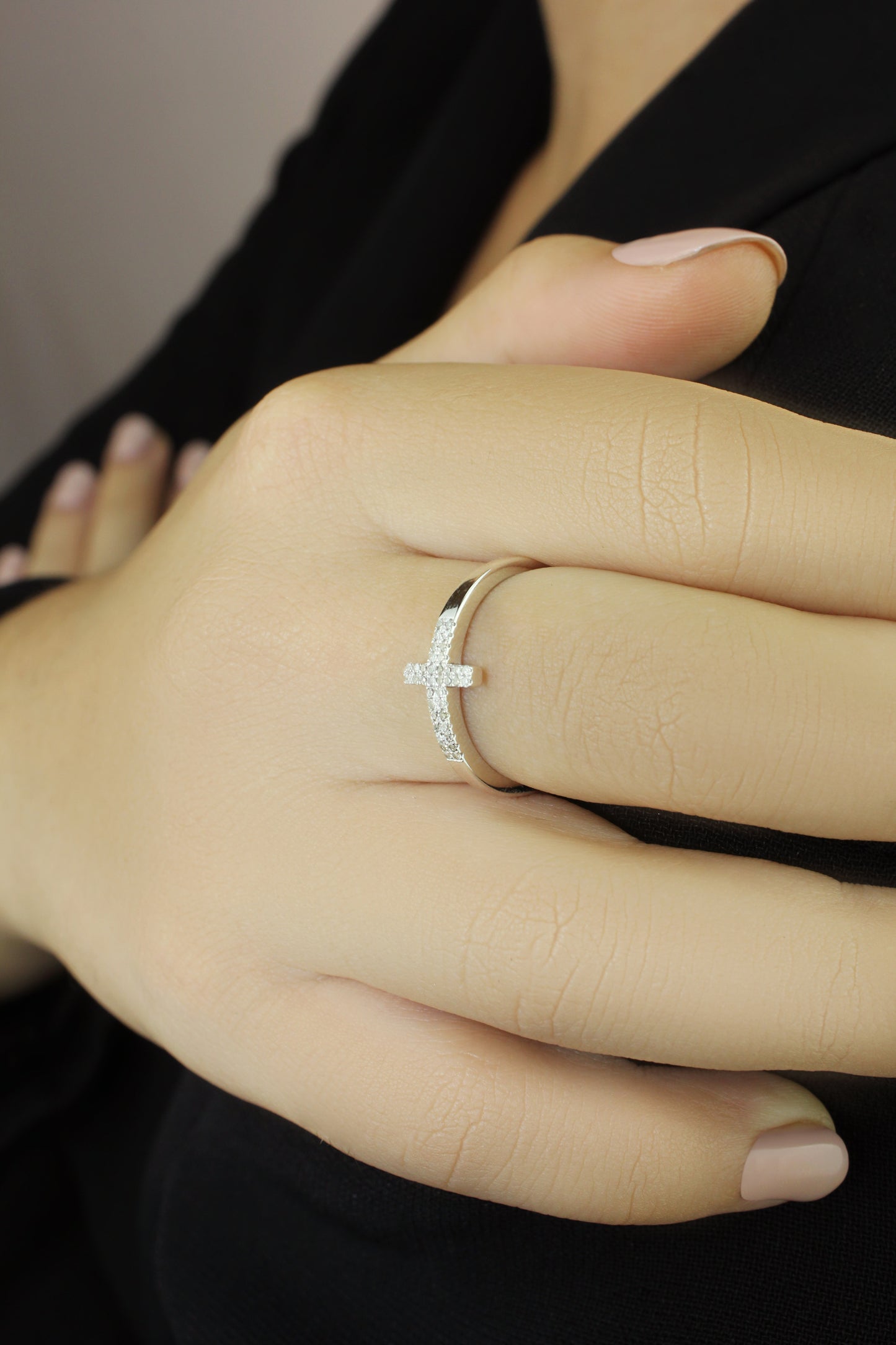 Belantina Diamond Cross Ring In 14k White or Yellow Gold