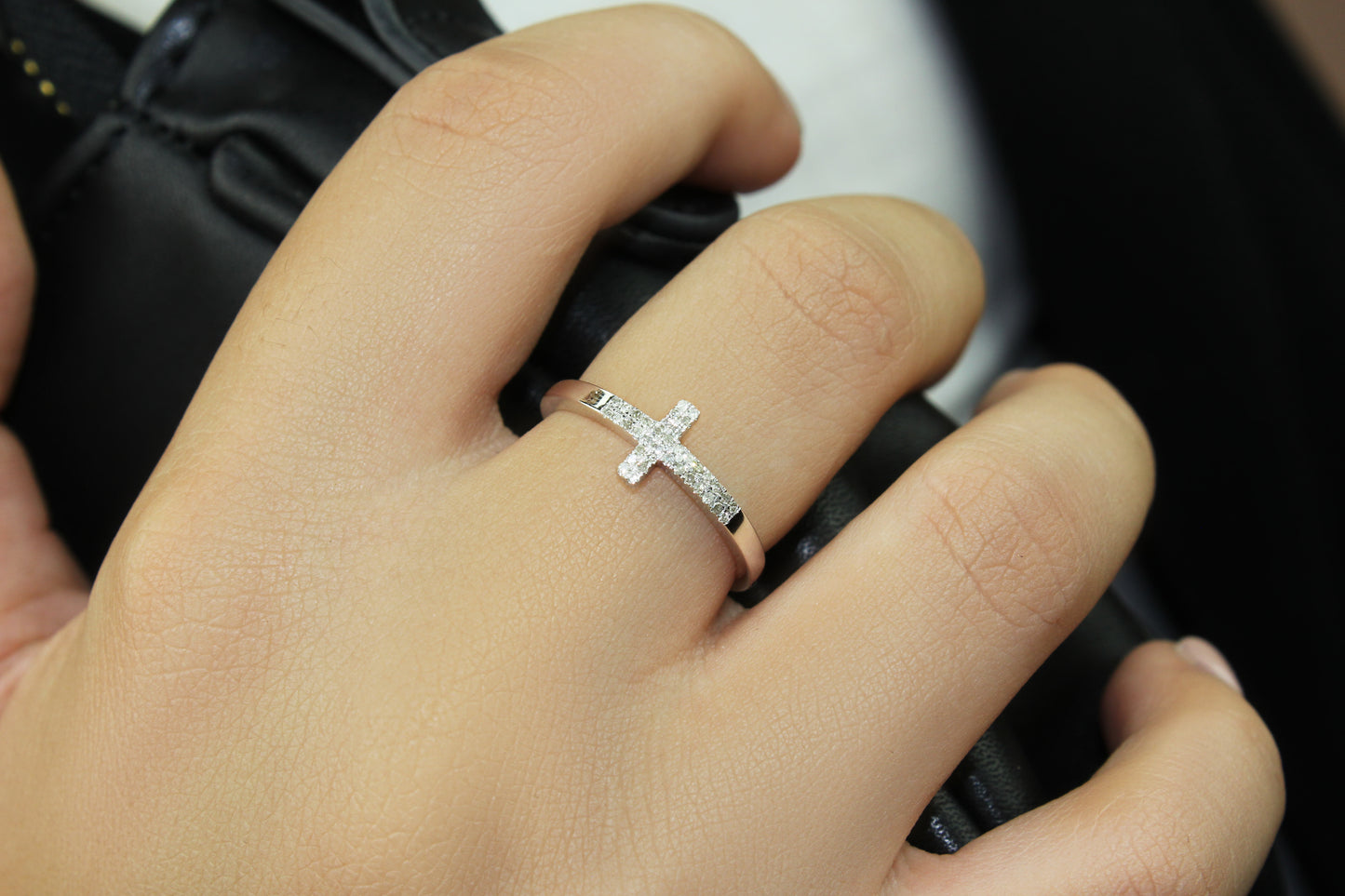 Belantina Diamond Cross Ring In 14k White or Yellow Gold