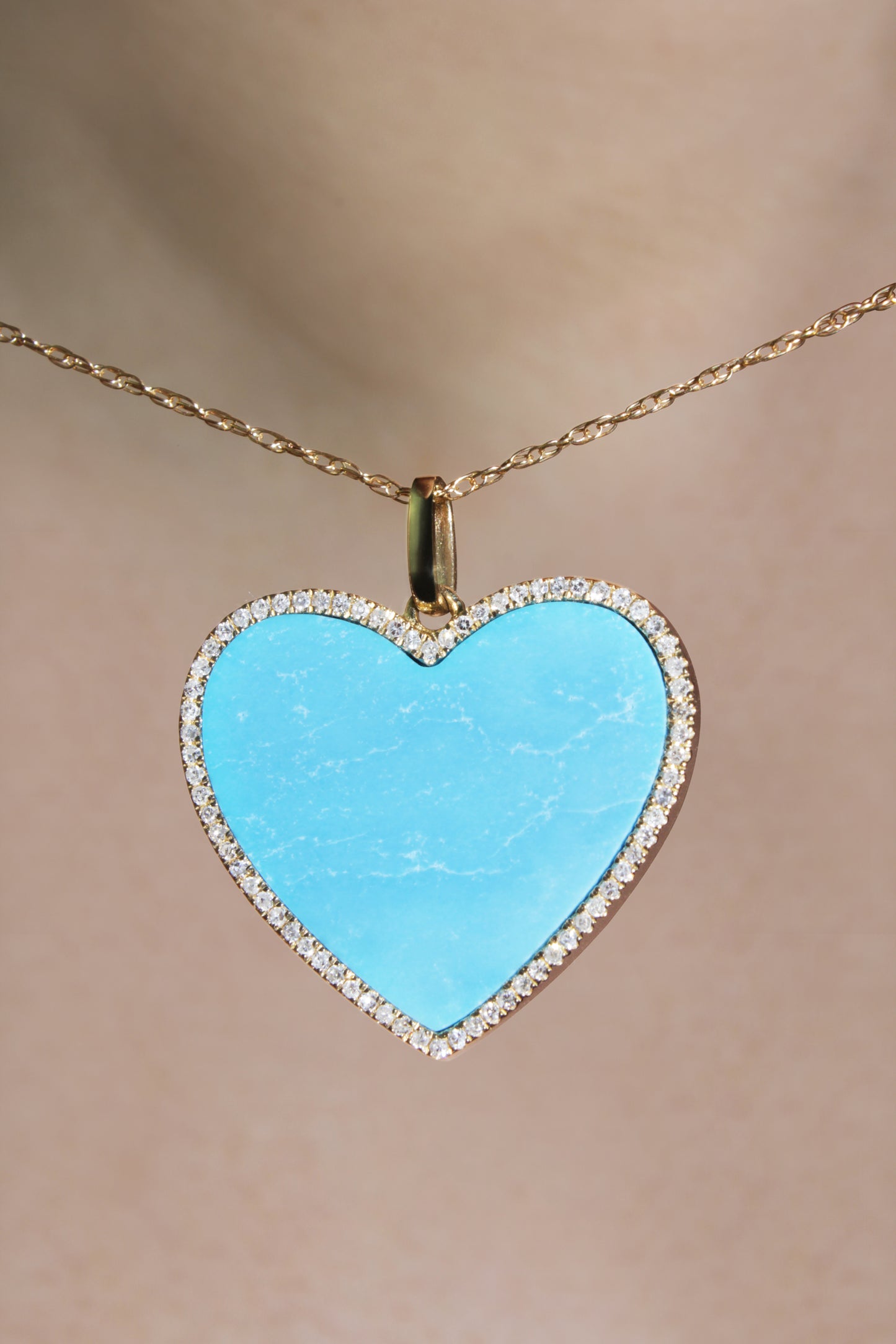 Belantina Stunning 1/6 Carat Diamond and Turquoise or Blue Lapis Heart Pendant Necklace in 14K Solid Gold