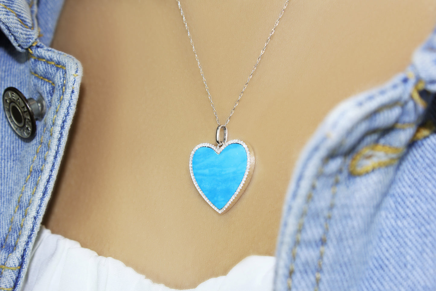 Belantina Stunning 1/6 Carat Diamond and Turquoise or Blue Lapis Heart Pendant Necklace in 14K Solid Gold