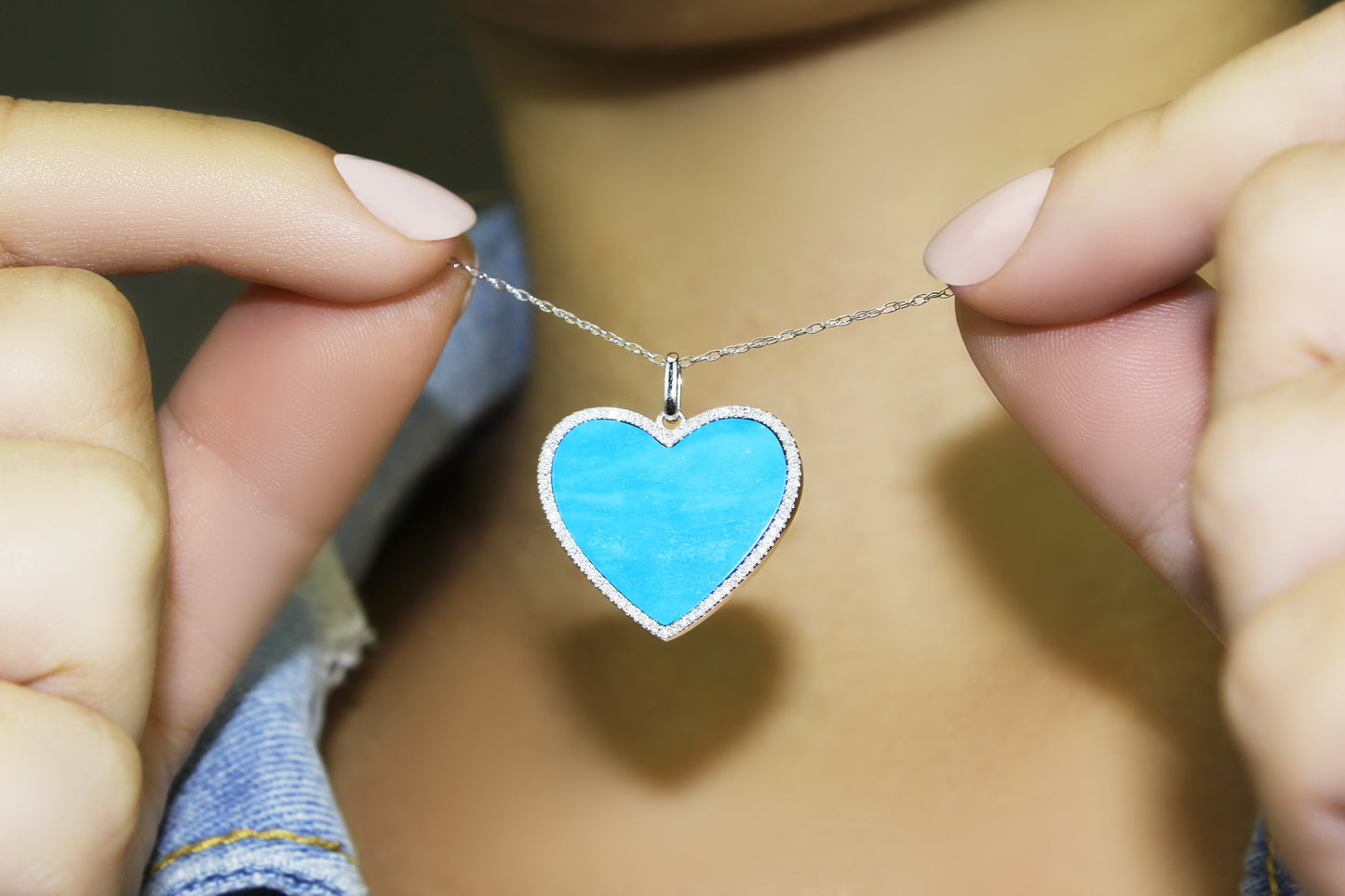 Belantina Stunning 1/6 Carat Diamond and Turquoise or Blue Lapis Heart Pendant Necklace in 14K Solid Gold