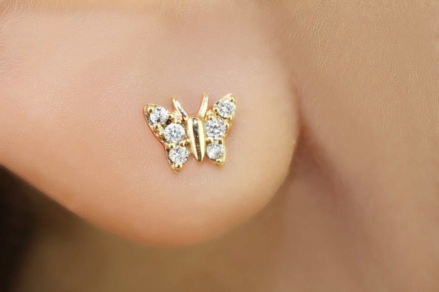 Belantina 14K Solid Gold Butterfly Earrings With 12 Natural Diamonds