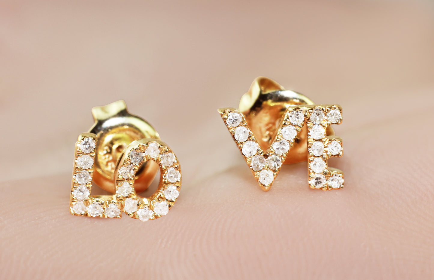 Belantina LOVE Earrings In 14K Gold With 34 Natural Diamonds, Post With Friction Back