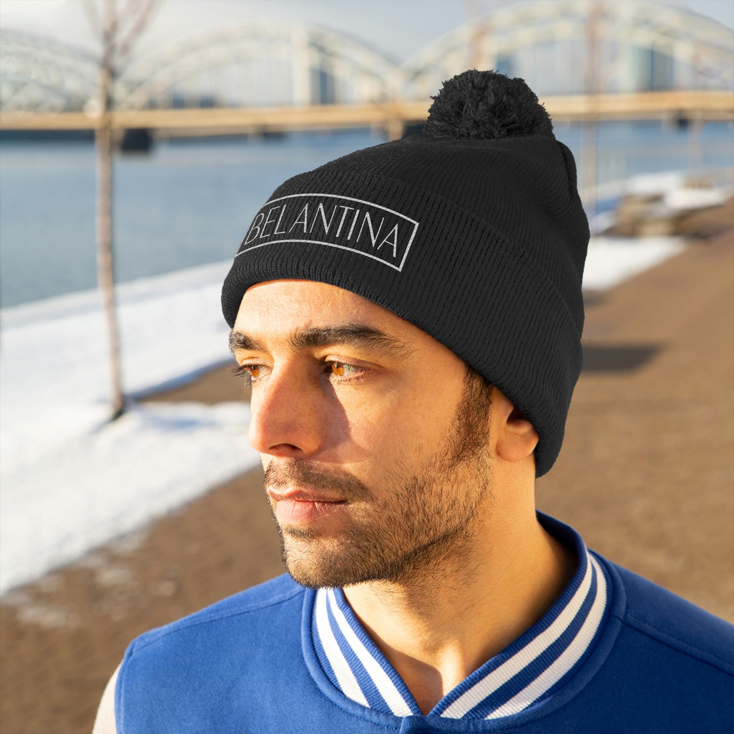 Belantina Pom Pom Beanie (NYC BLACK) (Embroidered)