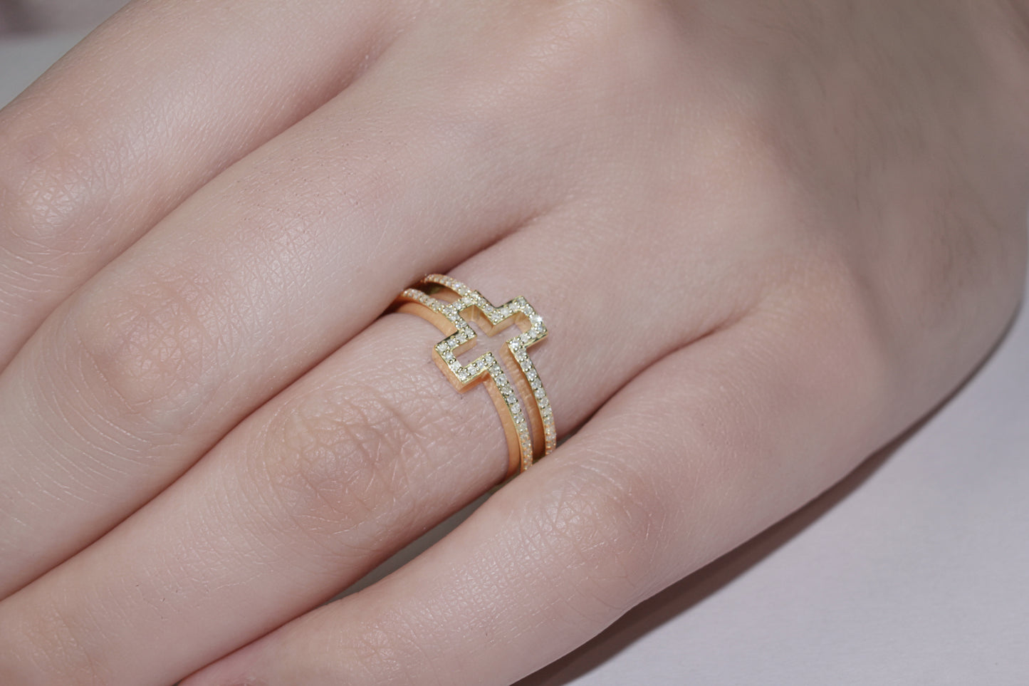 Belantina 1/5 Carat Natural Diamond Sideways Cross Ring 14k Gold