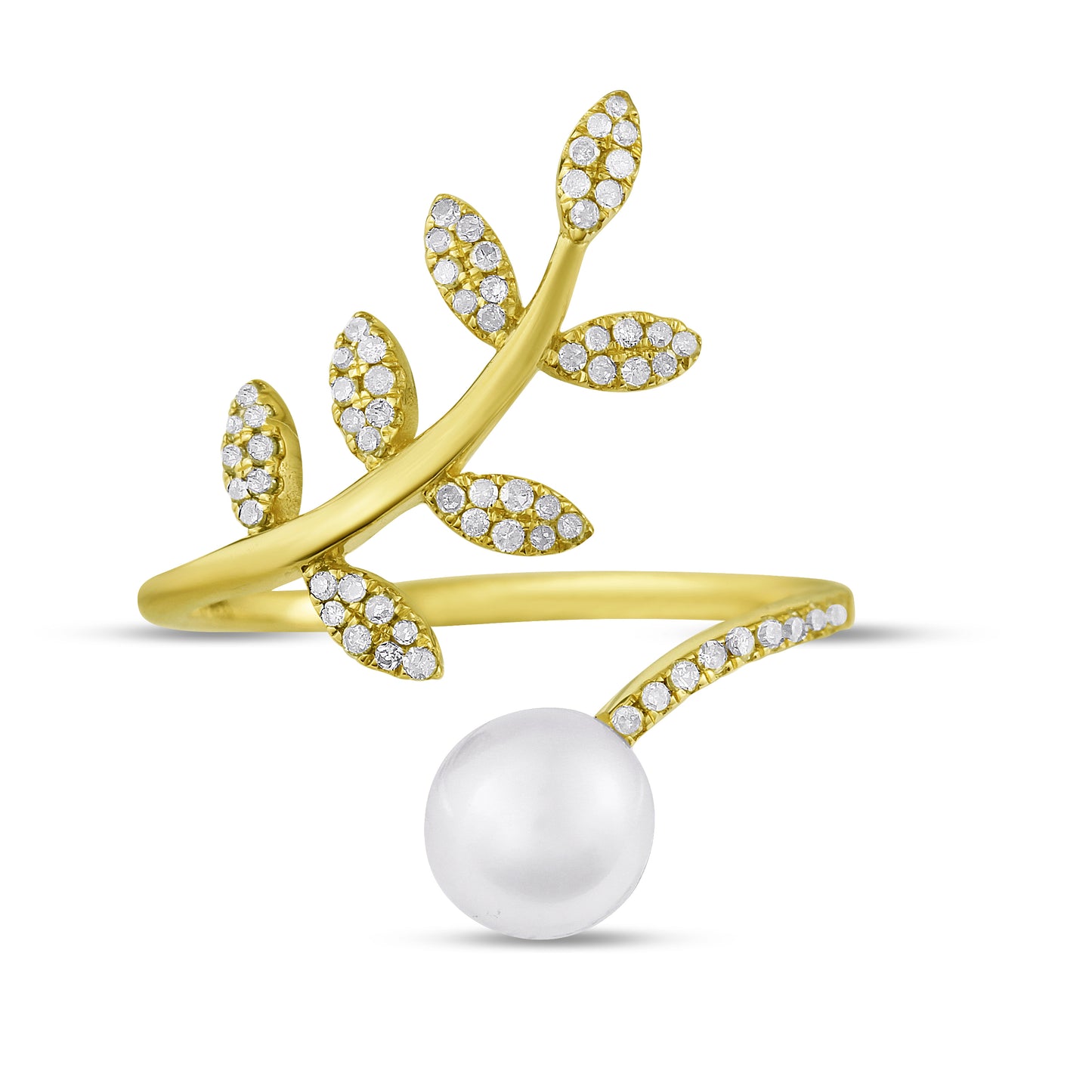 Belantina 1/5 Carat Natural Diamond and Freshwater Pearl Open Leaf Ring 14K White or Yellow Gold