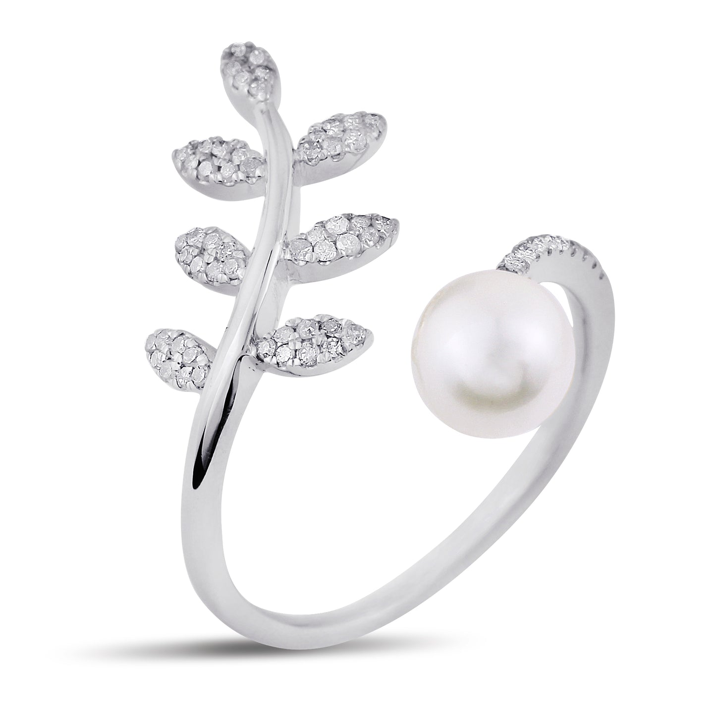 Belantina 1/5 Carat Natural Diamond and Freshwater Pearl Open Leaf Ring 14K White or Yellow Gold