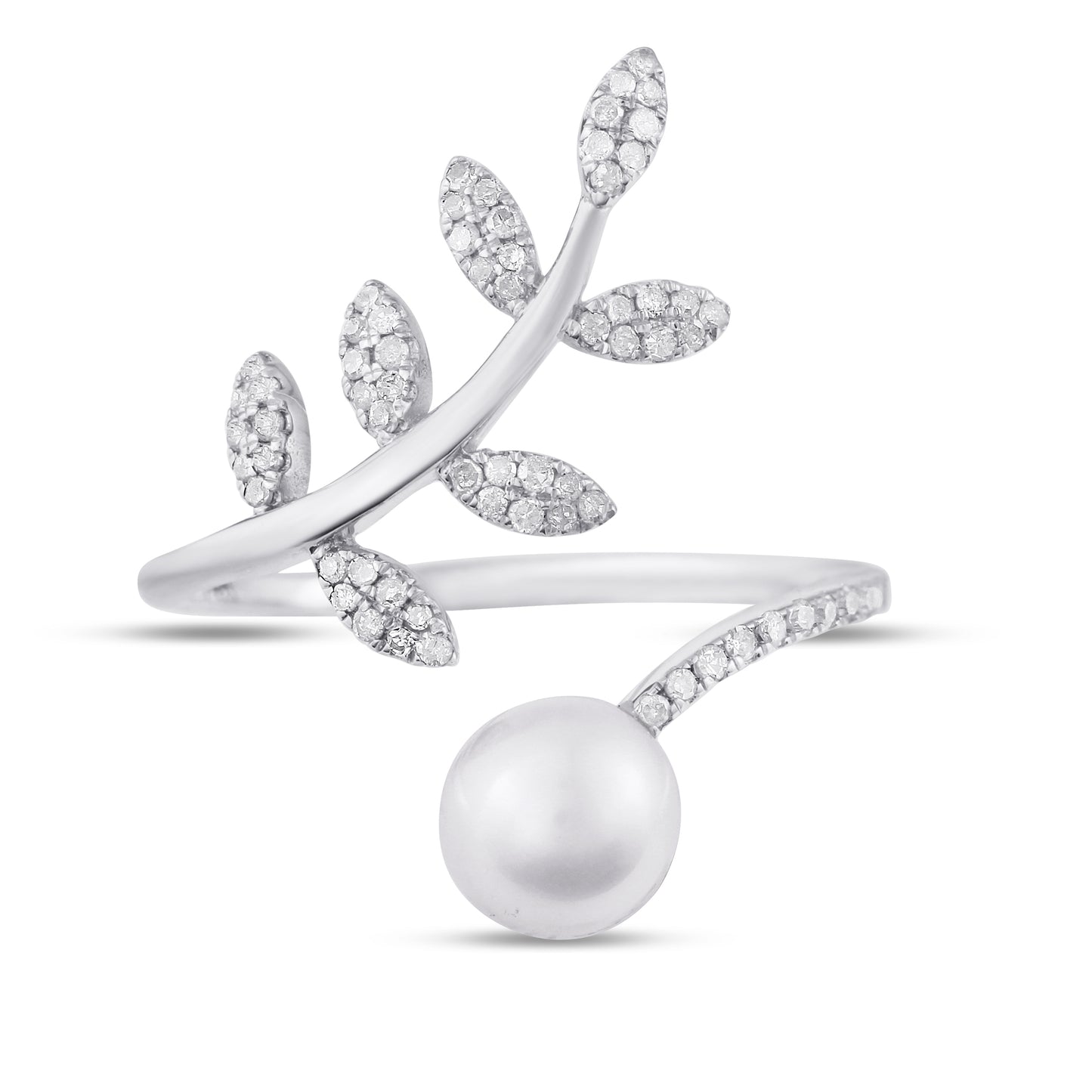 Belantina 1/5 Carat Natural Diamond and Freshwater Pearl Open Leaf Ring 14K White or Yellow Gold