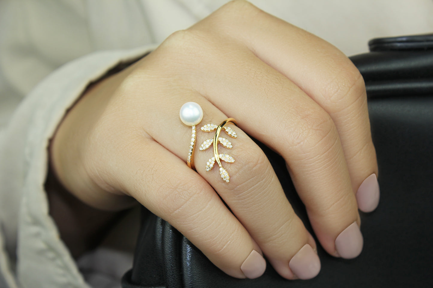 Belantina 1/5 Carat Natural Diamond and Freshwater Pearl Open Leaf Ring 14K White or Yellow Gold