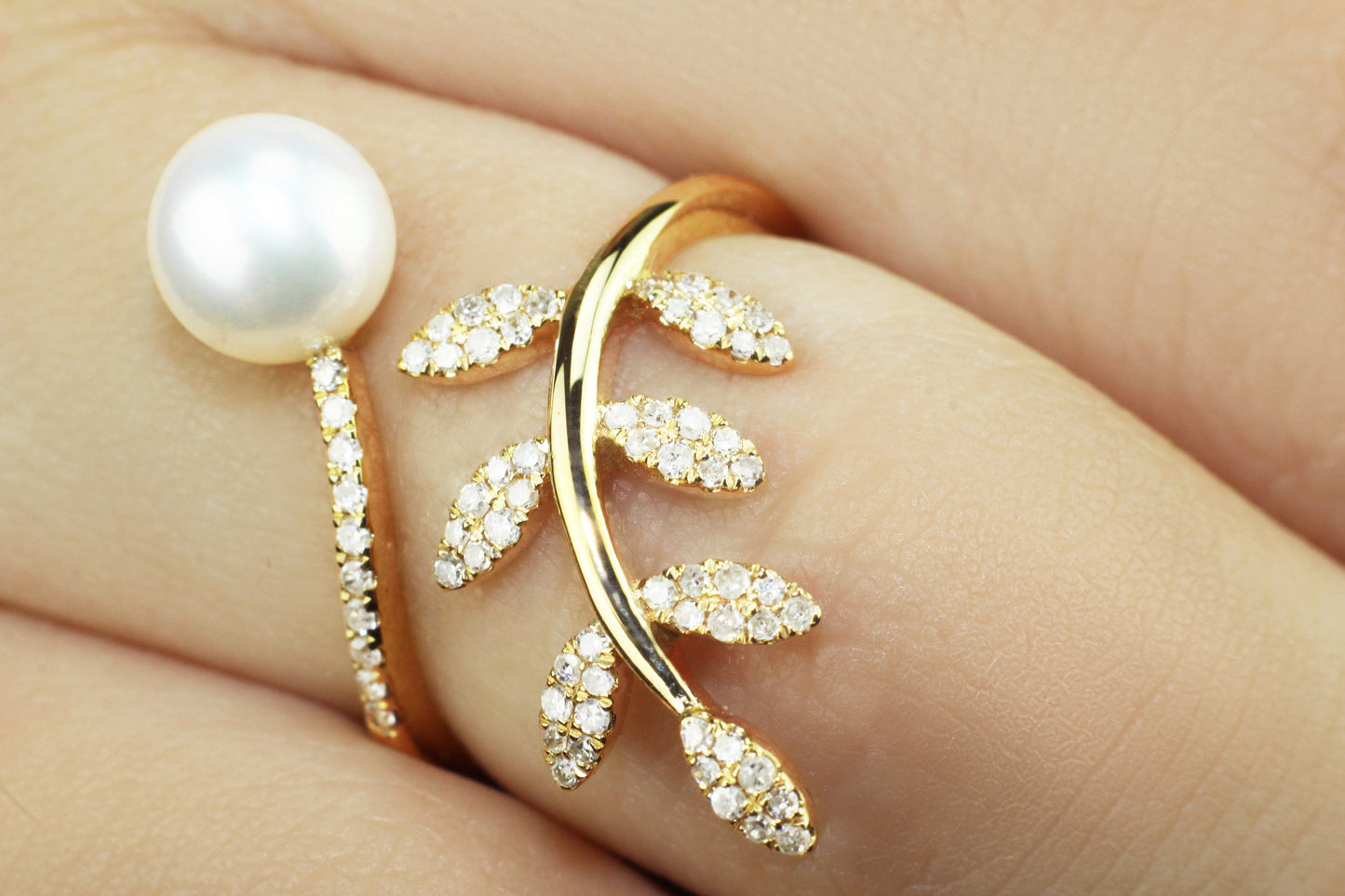 Belantina 1/5 Carat Natural Diamond and Freshwater Pearl Open Leaf Ring 14K White or Yellow Gold