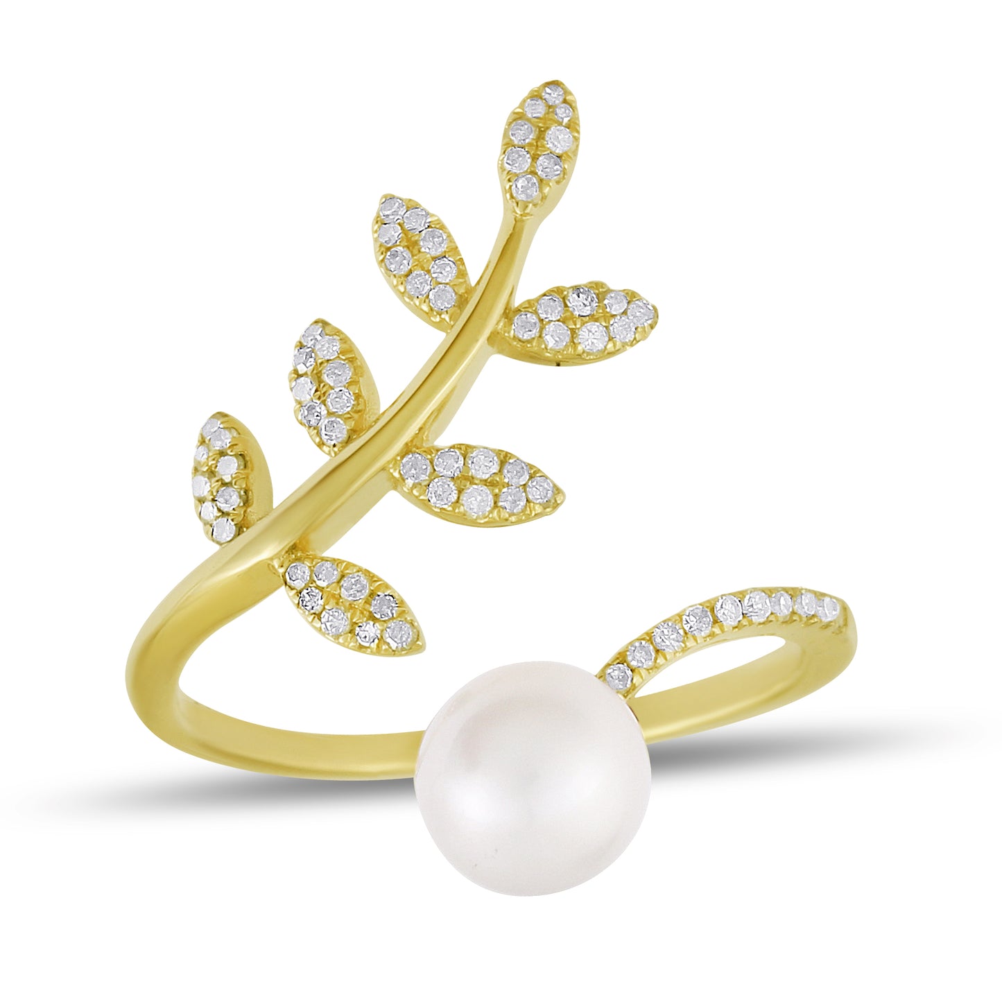 Belantina 1/5 Carat Natural Diamond and Freshwater Pearl Open Leaf Ring 14K White or Yellow Gold