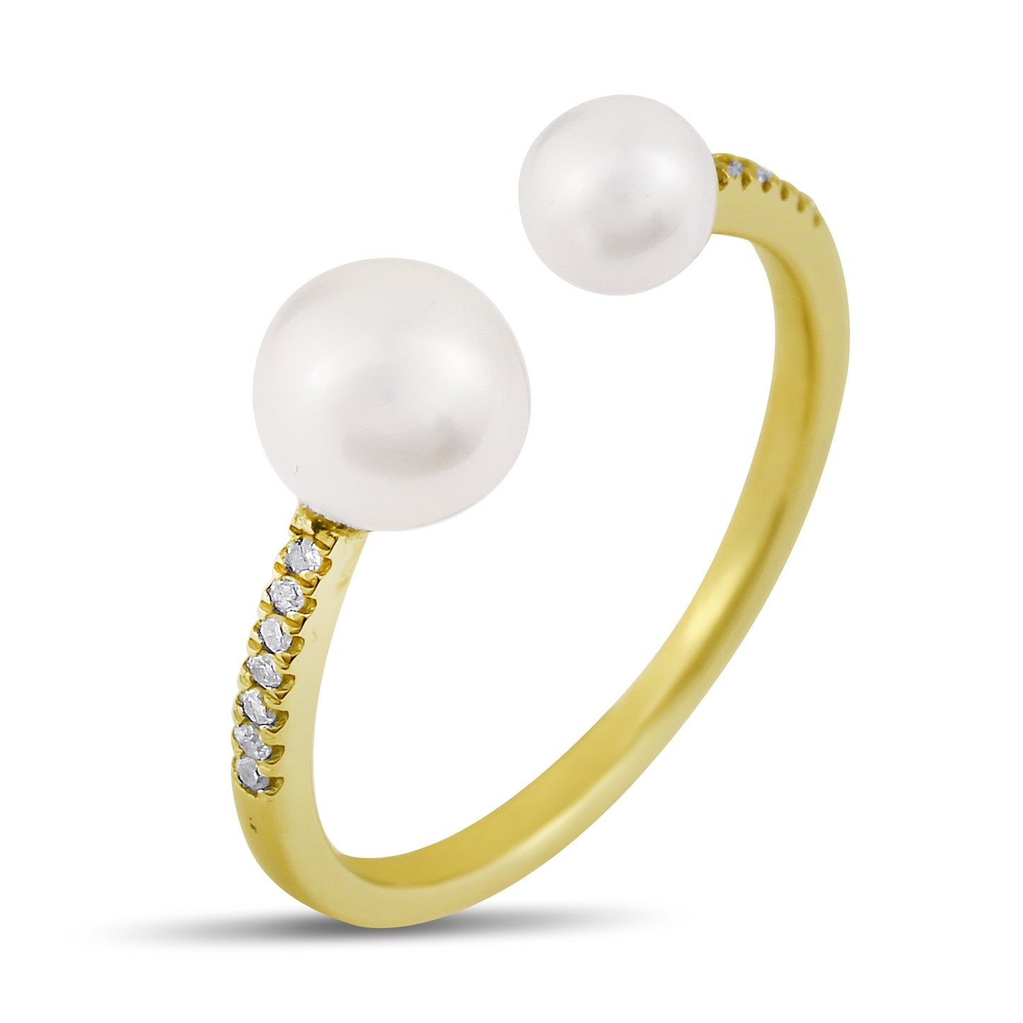 Belantina 1/20 Carat Diamond Double Freshwater Cultured Pearl Open Ring In 14K Solid Gold