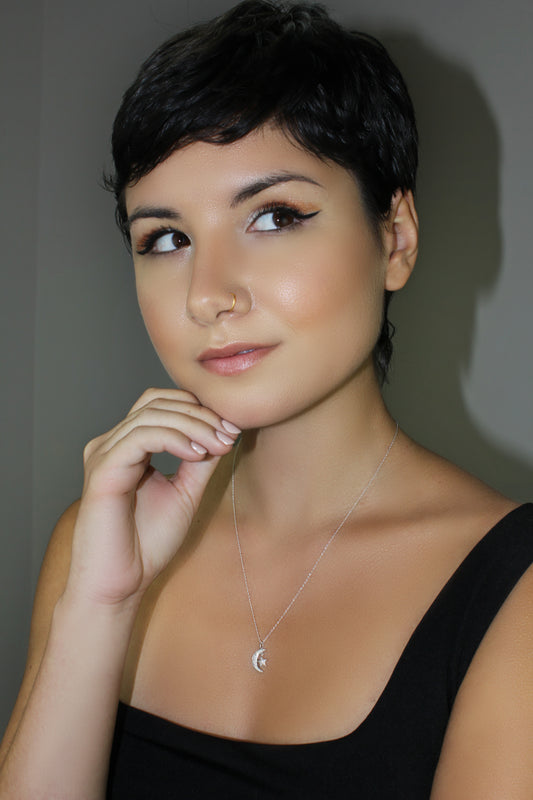 Belantina 1/10 Carat Diamond Half Moon and Star Pendant Necklace for Women in 14k Gold