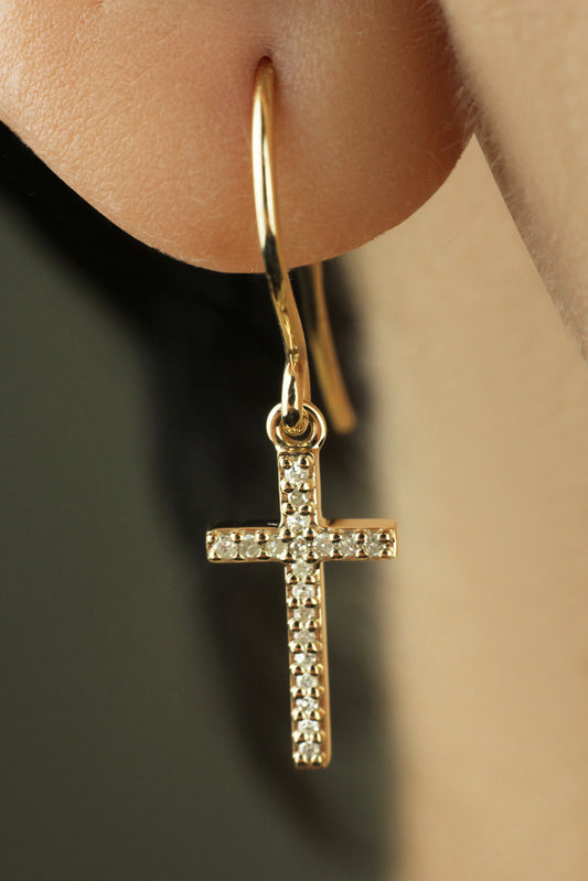 Belantina 14KT Gold Natural Diamond Dangle Cross Earrings With French Wire Back