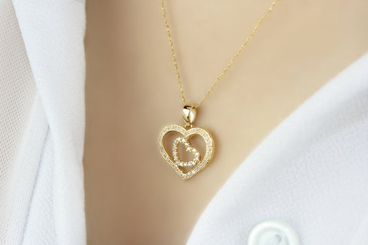 Belantina 1/5 Carat Diamond Double Heart Pendant Necklace for Women in 14k White and Yellow Gold on 18 Inch Chain (H-I, I1-I2, cttw) Spring Ring