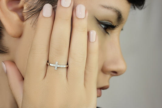 Belantina Diamond Cross Ring In 14k White or Yellow Gold
