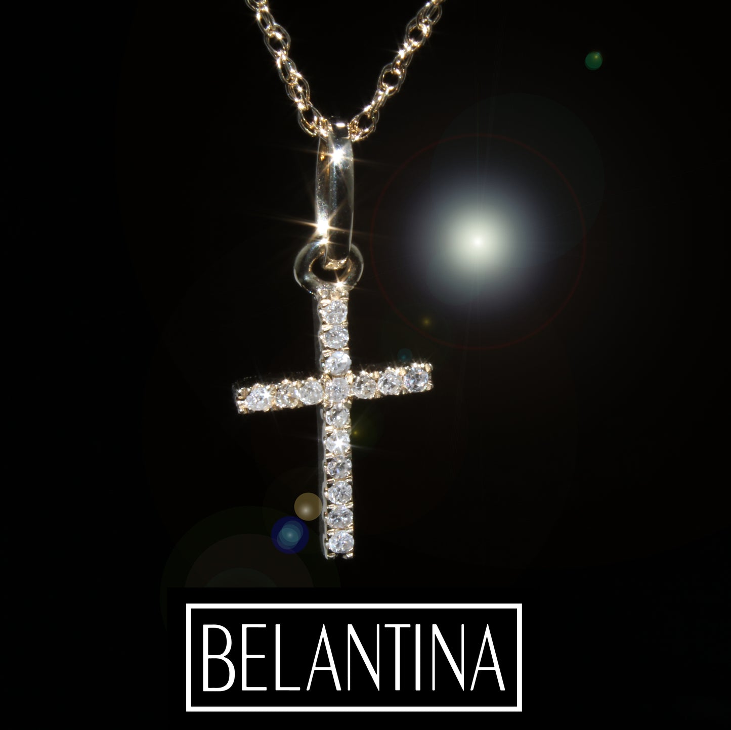 Belantina 14K Gold Natural Diamond Petite Cross Pendant Necklace for Women & Men with 18 Inch 14K Gold Rope Chain (.05ct)