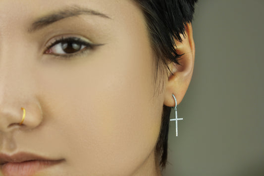 Belantina 1/4 Carat Natural Diamond Dangle Cross Earrings In Solid 14k Gold