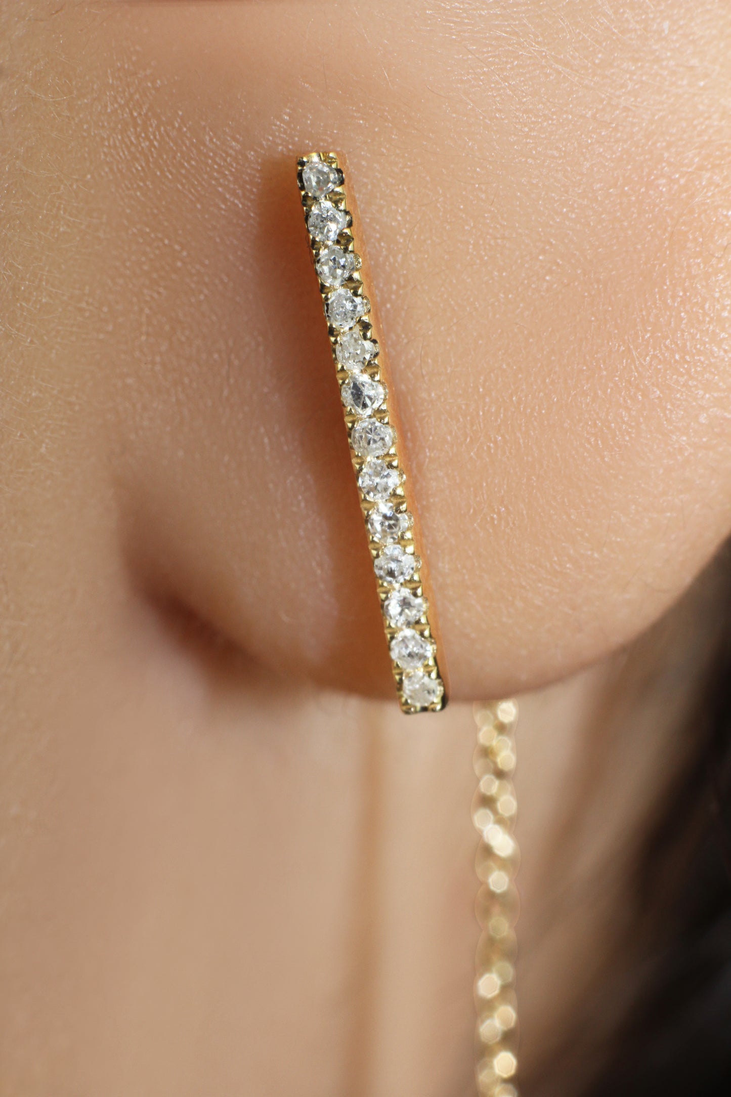 Belantina Diamond Long Bar Chain Threader Drop Earrings In 14k Gold